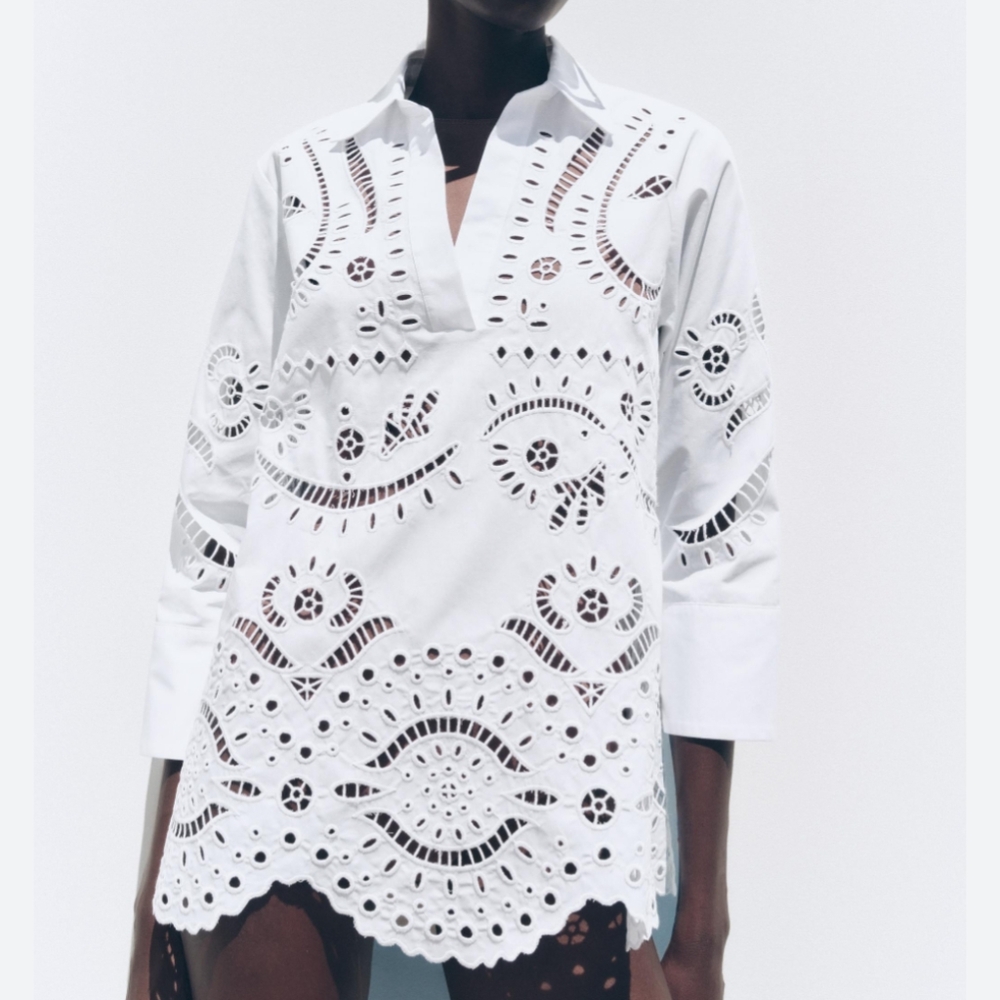 Zara women embroidered eyelet shirt oyster white collar quarter sleeves XS NWT